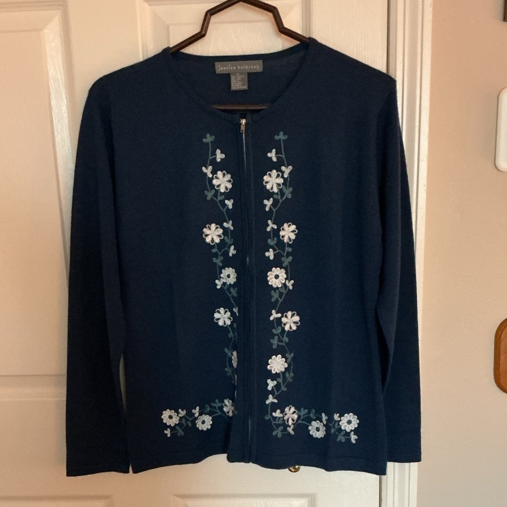 Jessica Holbrook Floral Embroidered Navy Cardigan